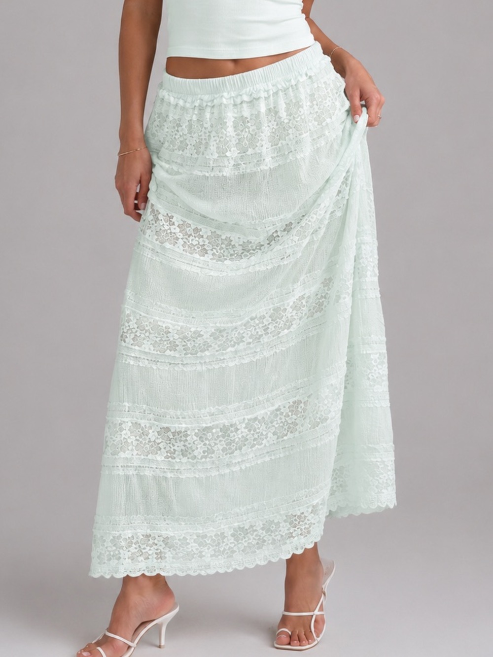 🆕 ✨AND NOW THIS Mint Lace Boho Midi Skirt XL Cottagecore Lined Stretch Waist
